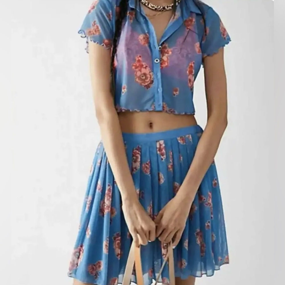 Free People Florence Mesh Skirt Blue Pink Floral Mini Skirt Size XS